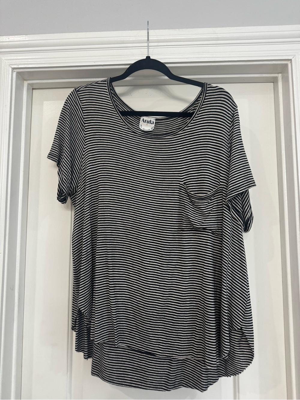 ARULA Black and White Striped Short Sleeve Pocket Tee